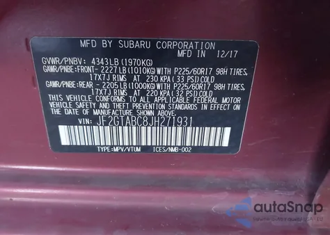 2018 Subaru Crosstrek 2.0I Premium из США, поврежденный, VIN JF2GTABC8JH271931